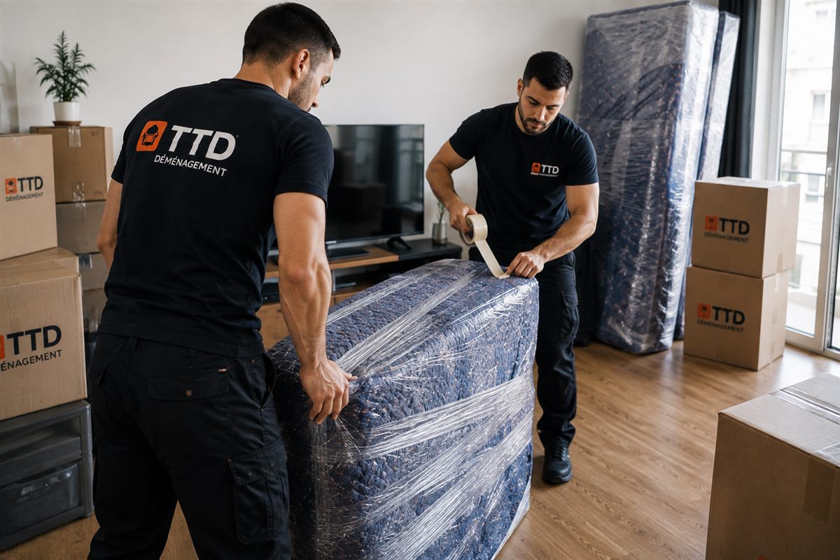 Déménageurs TTD emballant et protégeant le mobilier