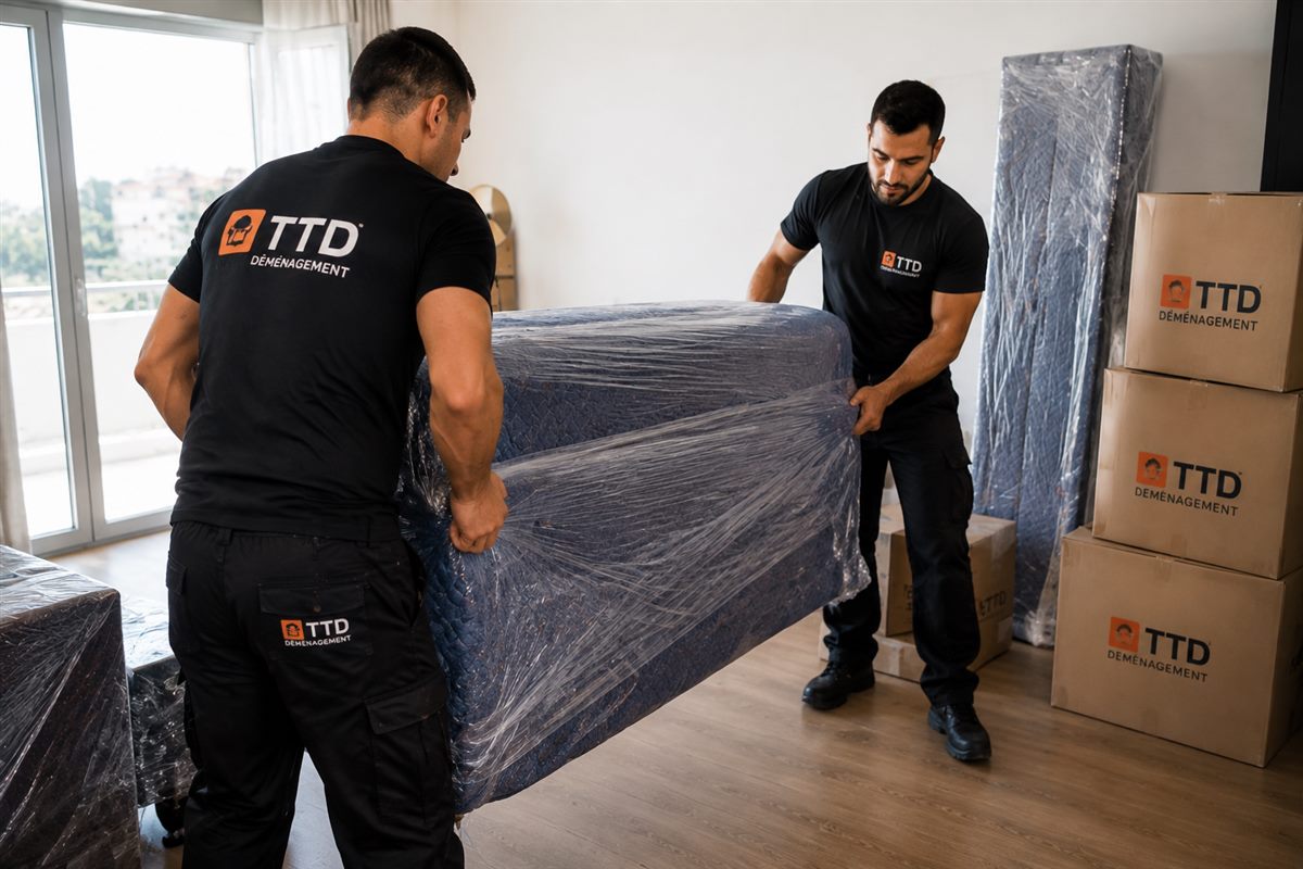 Déménageurs TTD portant un canapé emballé et protégé