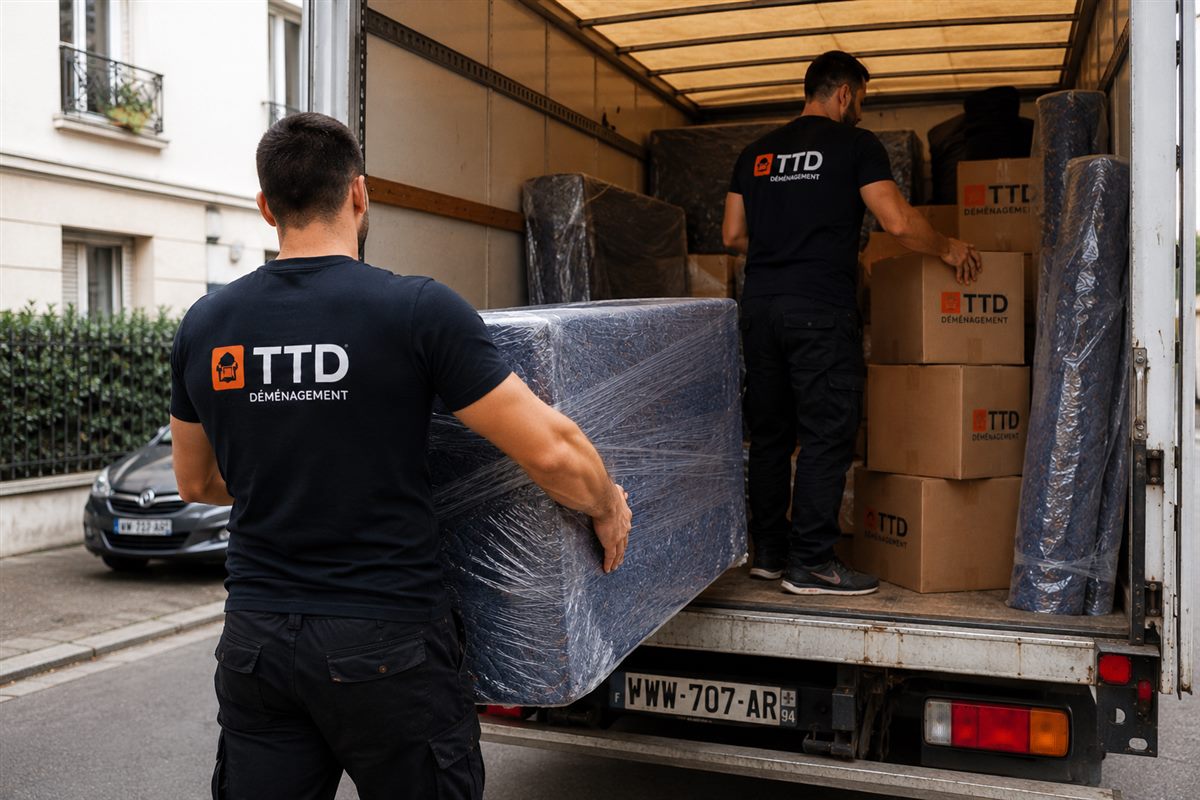Déménageurs déchargeant un camion de déménagement